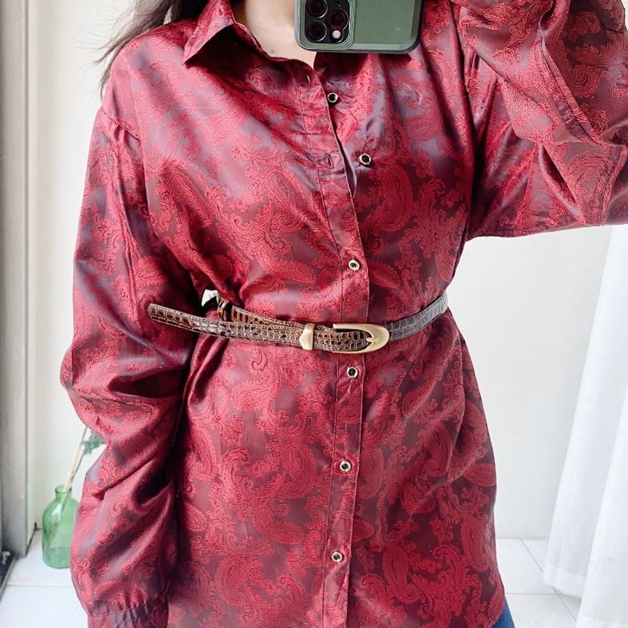 暗深紅極美滿版刺繡 古著亮面滑布襯衫上衣 vintage Shirt-13