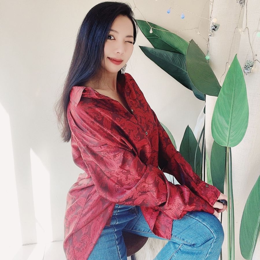 暗深紅極美滿版刺繡 古著亮面滑布襯衫上衣 vintage Shirt-5