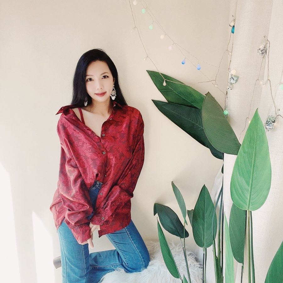 暗深紅極美滿版刺繡 古著亮面滑布襯衫上衣 vintage Shirt-6