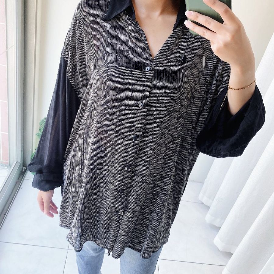純黑波點水紋寬鬆微透膚 古著翻領純絲襯衫上衣 vintage Shirt-2