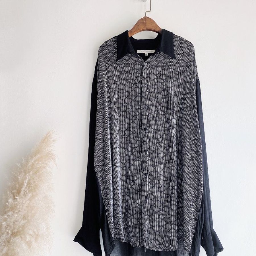 純黑波點水紋寬鬆微透膚 古著翻領純絲襯衫上衣 vintage Shirt-4