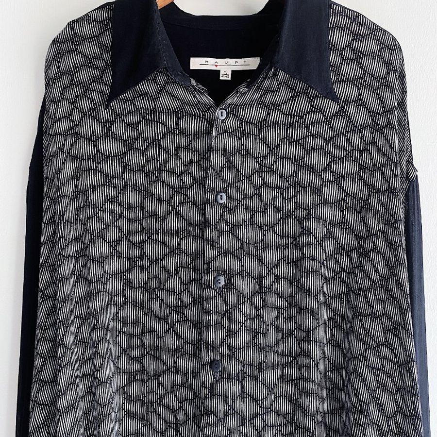 純黑波點水紋寬鬆微透膚 古著翻領純絲襯衫上衣 vintage Shirt-5