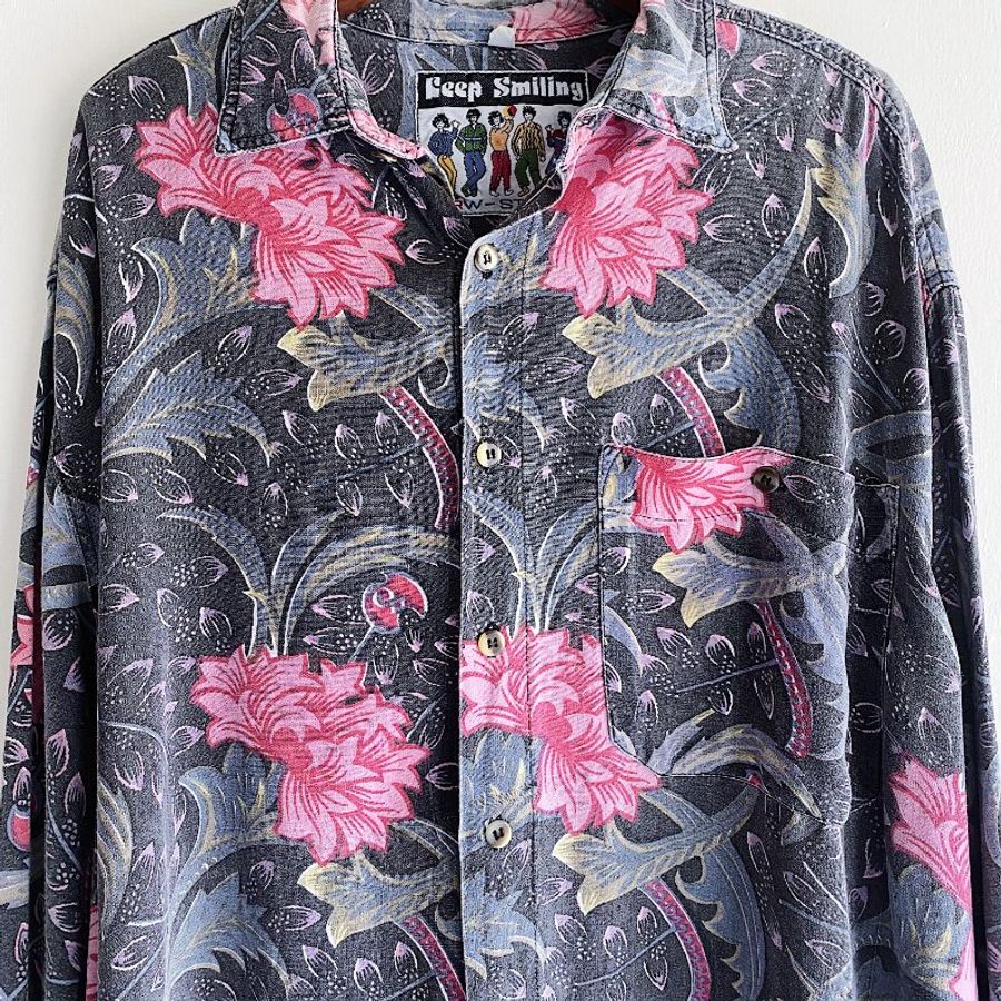 灰黑洗舊日式牡丹花卉齊放 古著翻領純絲襯衫上衣 vintage Shirt-4