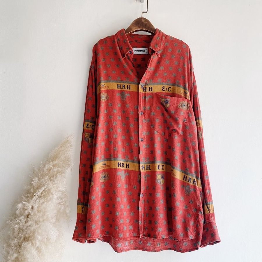 磚橘紅圖騰軟綿義大利製 古著絲混棉襯衫上衣 vintage Shirt-5