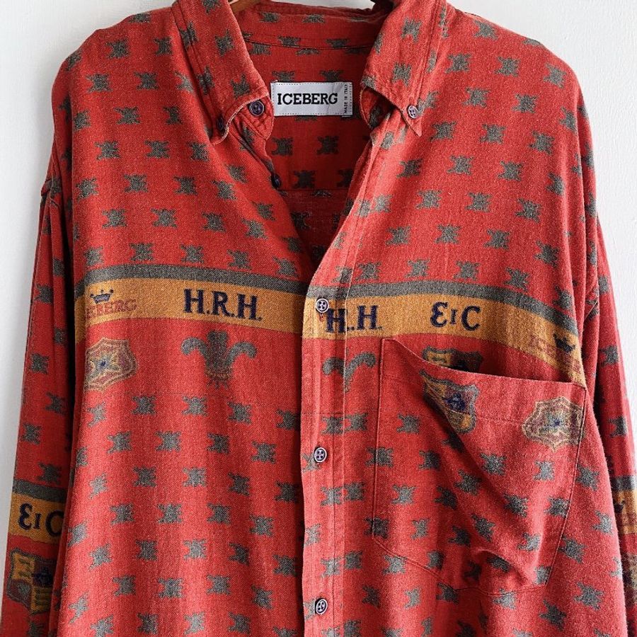 磚橘紅圖騰軟綿義大利製 古著絲混棉襯衫上衣 vintage Shirt-6