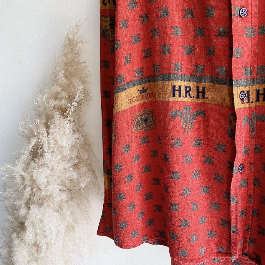 磚橘紅圖騰軟綿義大利製 古著絲混棉襯衫上衣 vintage Shirt-7