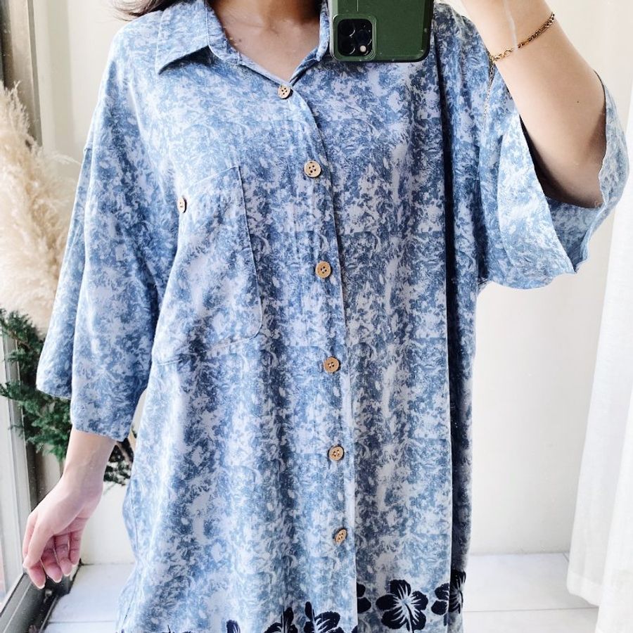淺水藍波紋扶桑花 古著絲質夏威夷襯衫上衣vintage Aloha Shirt-1