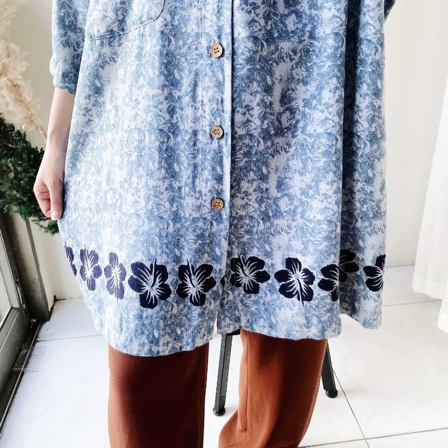 淺水藍波紋扶桑花 古著絲質夏威夷襯衫上衣vintage Aloha Shirt-4
