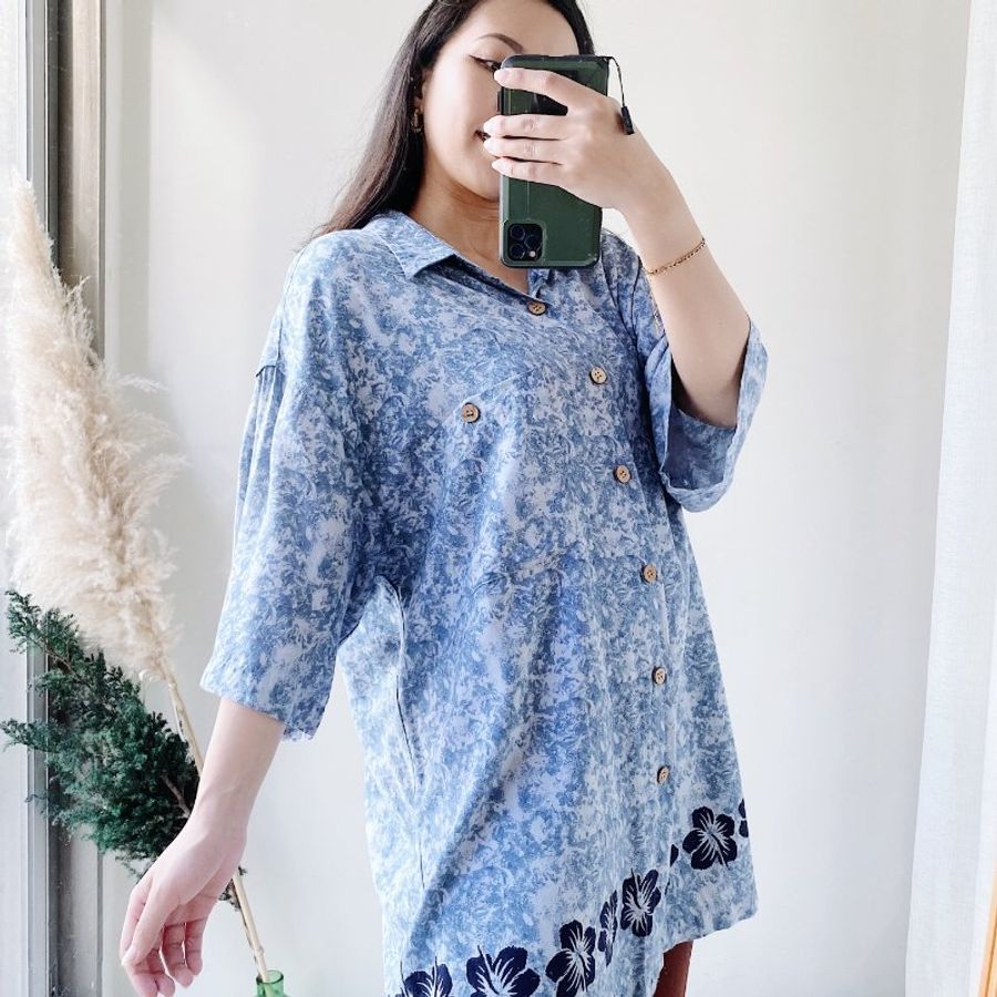 淺水藍波紋扶桑花 古著絲質夏威夷襯衫上衣vintage Aloha Shirt-5