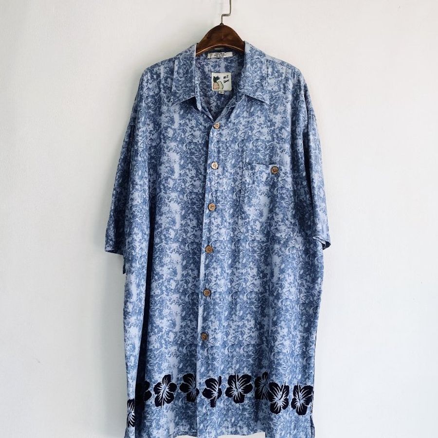 淺水藍波紋扶桑花 古著絲質夏威夷襯衫上衣vintage Aloha Shirt-7