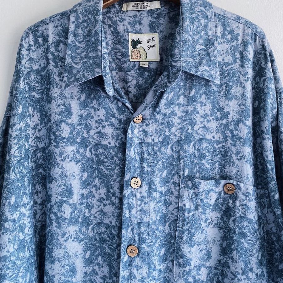 淺水藍波紋扶桑花 古著絲質夏威夷襯衫上衣vintage Aloha Shirt-8