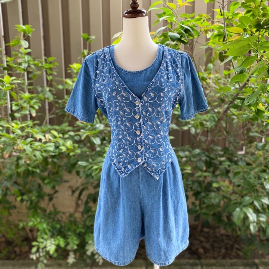 藏私·Collection_刺繡背心牛仔連身短褲裙美國製-0