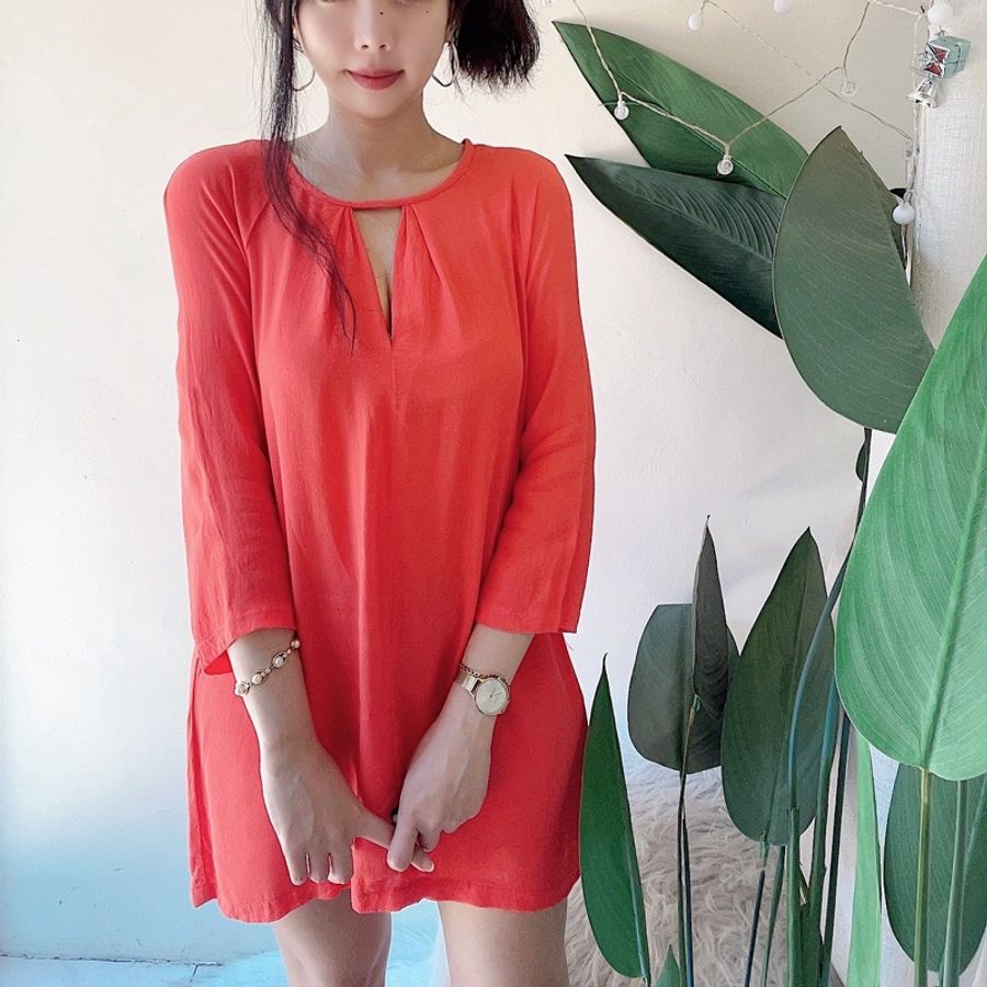 mango 亮橘色簍空造型領 古董古著絲質裙子連身洋裝連衣裙 dress-4