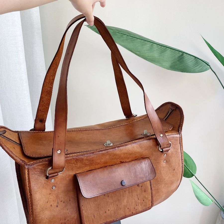 焦糖咖啡午日時光 古董硬挺厚磅牛質皮革旅行包 Vintage bag-1