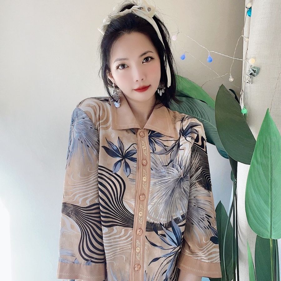 粉膚刺繡半立體織紋東方花卉 古著透膚雪紡紗襯衫上衣 vintage-0