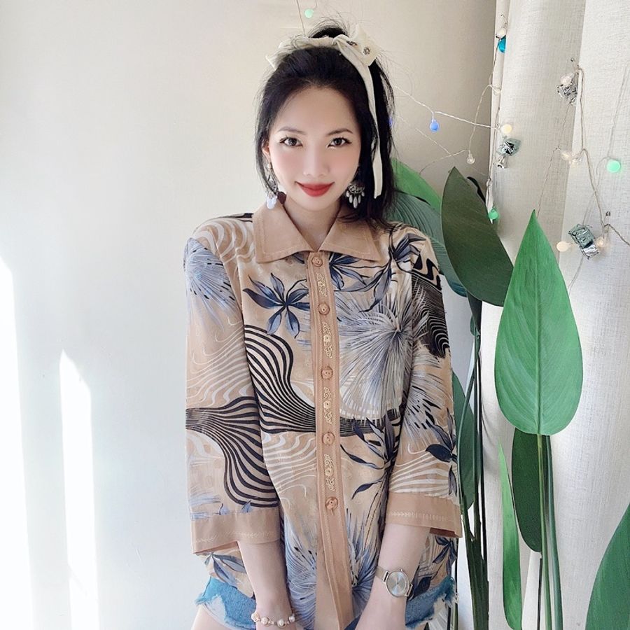 粉膚刺繡半立體織紋東方花卉 古著透膚雪紡紗襯衫上衣 vintage-1