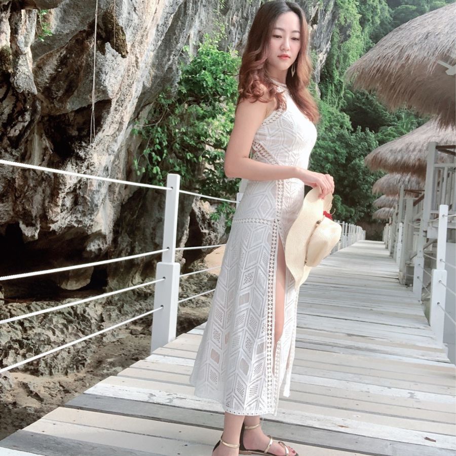 正韓蕾絲美背收腰長裙-1