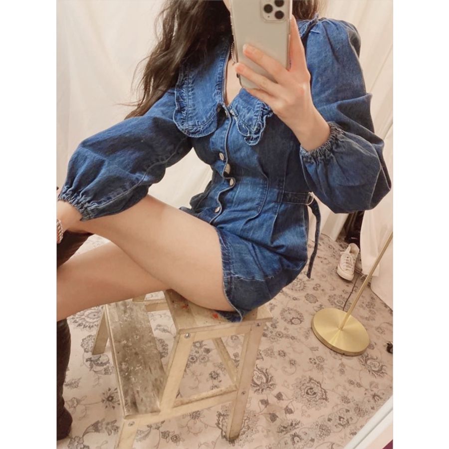 韓 花邊娃娃領牛仔連身褲-3