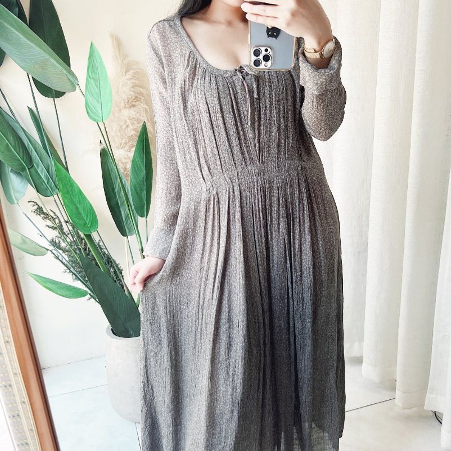 淺灰棉料微透碎點胸口綁帶 古著洋裝連衣裙連身裙 vintage dress-5