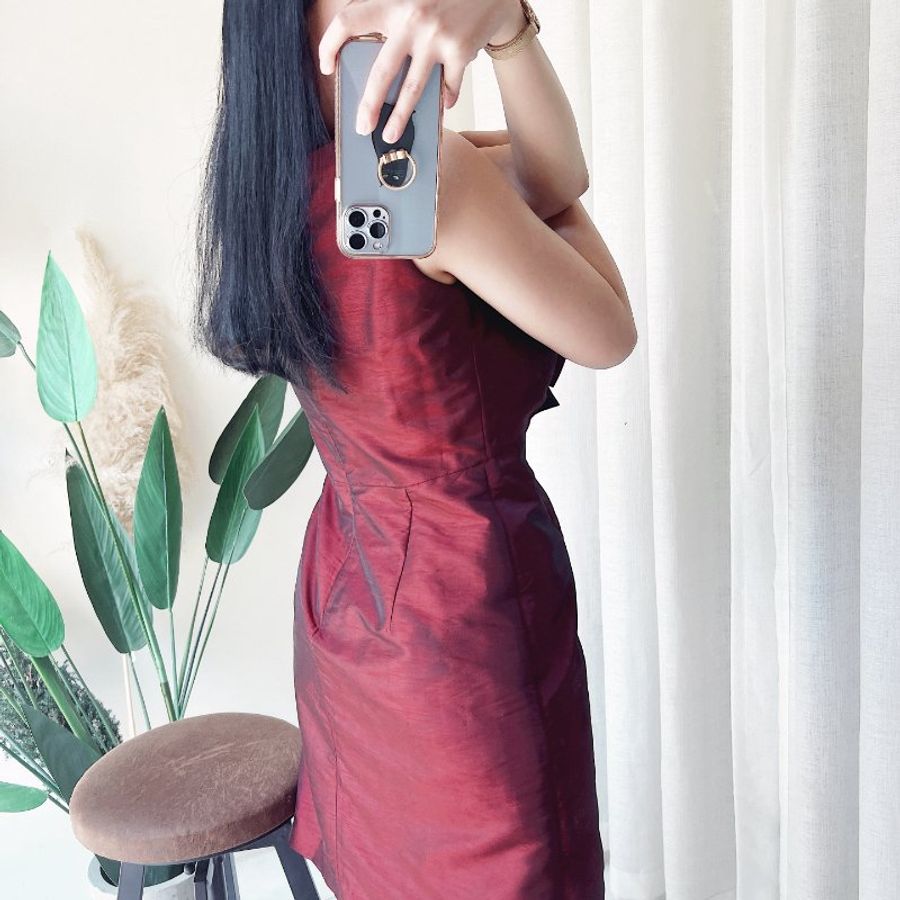lifelike lindarico collection 棗紅亮澤蝴蝶結優雅少女古著洋裝-7