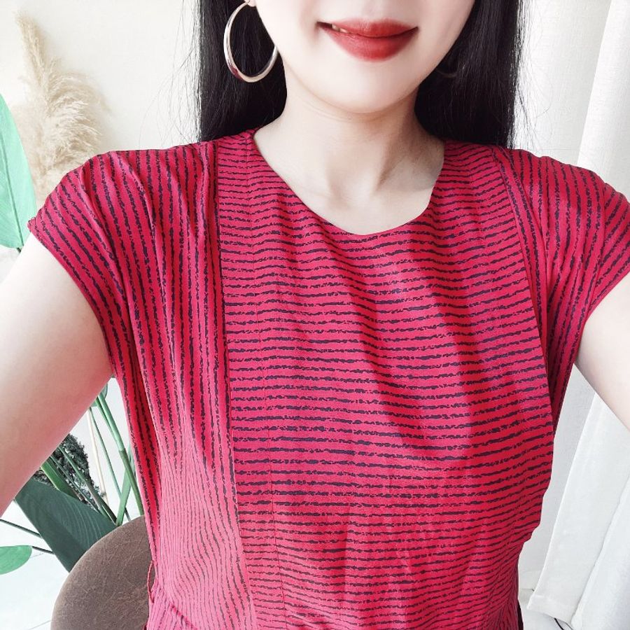 豔紅細直橫雙紋烈焰優雅 古著洋裝連衣裙連身裙 vintage dress-3