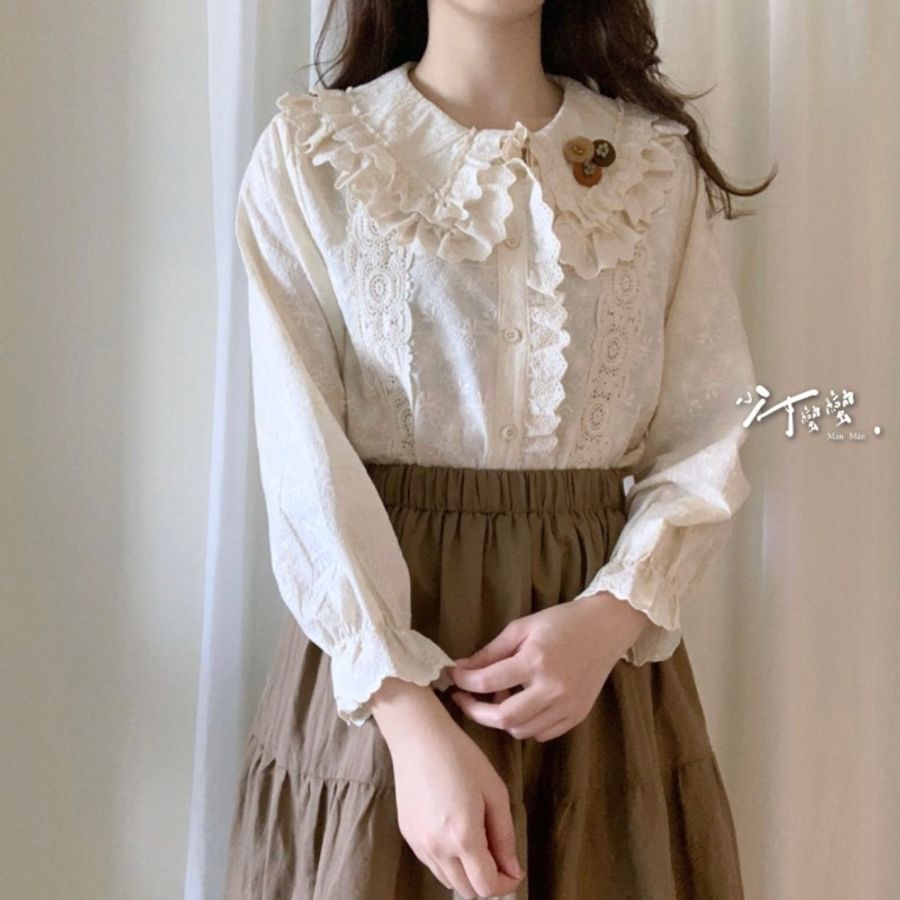 森林系少女棉麻燒花杏色翻領襯衫/附胸針(少女蠻蠻)(已保留)-0