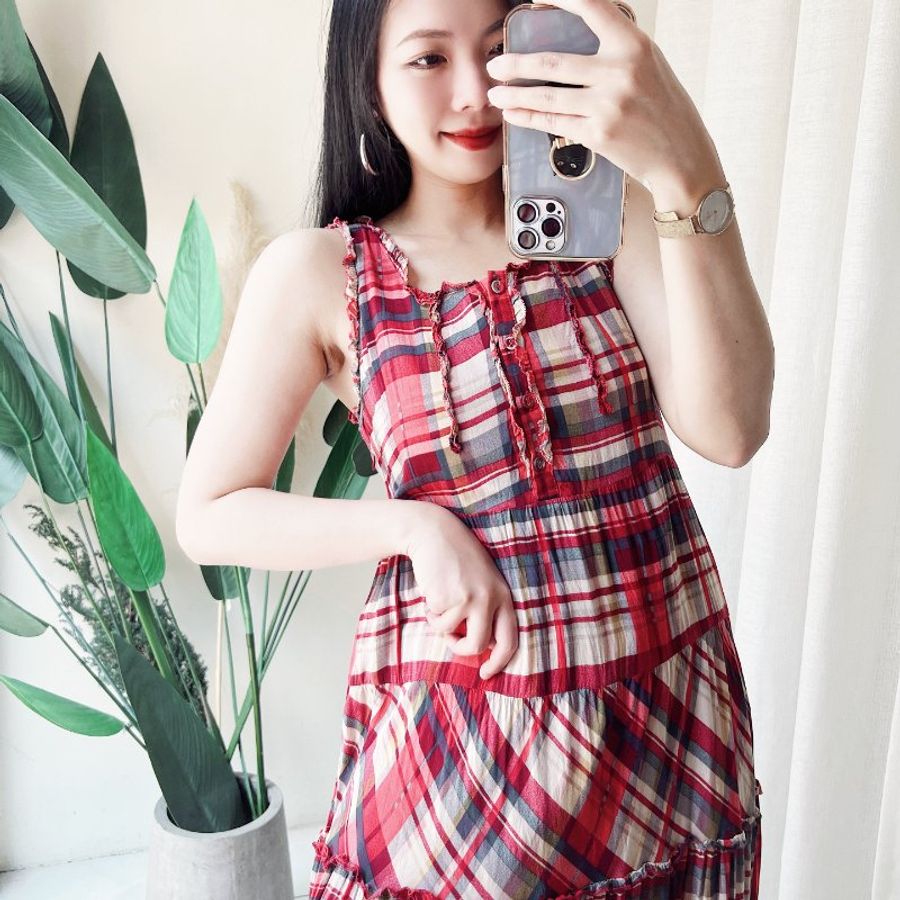 純紅格紋滾邊純棉蛋糕裙 古著洋裝連衣裙連身裙 vintage dress-0