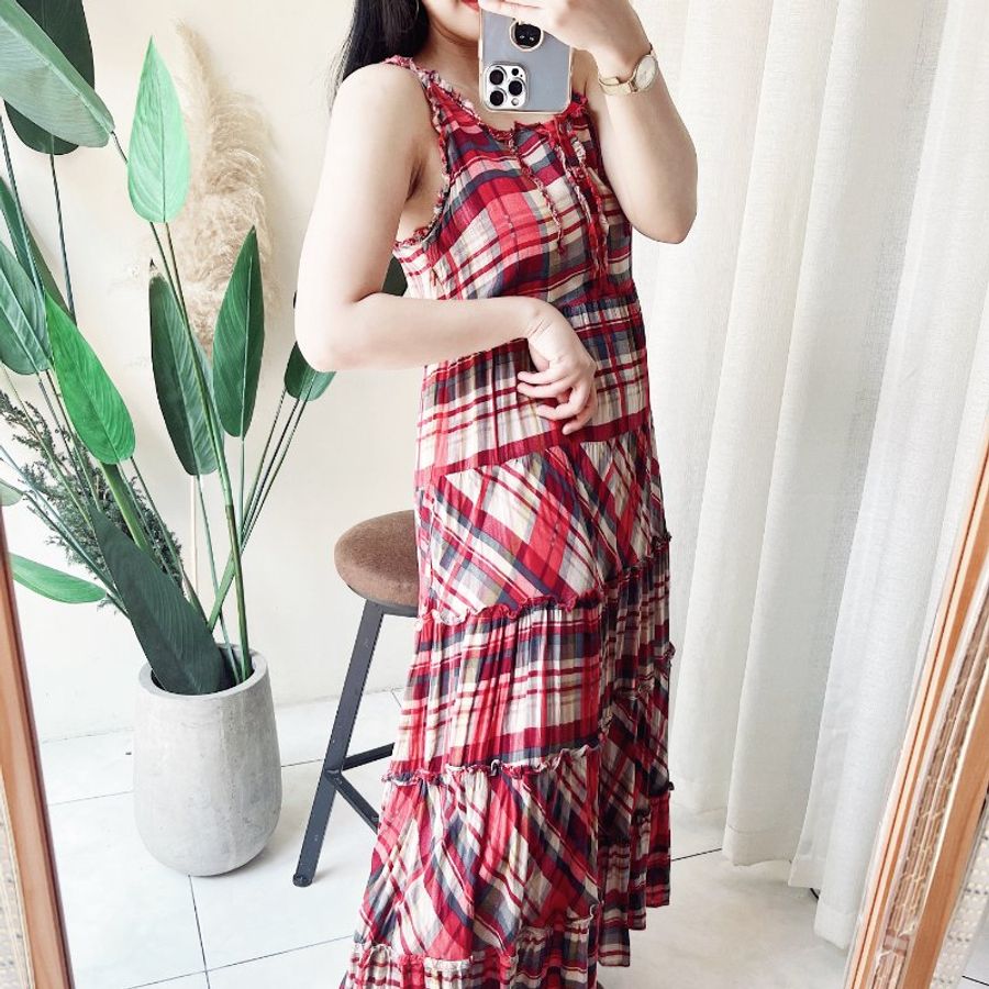 純紅格紋滾邊純棉蛋糕裙 古著洋裝連衣裙連身裙 vintage dress-5