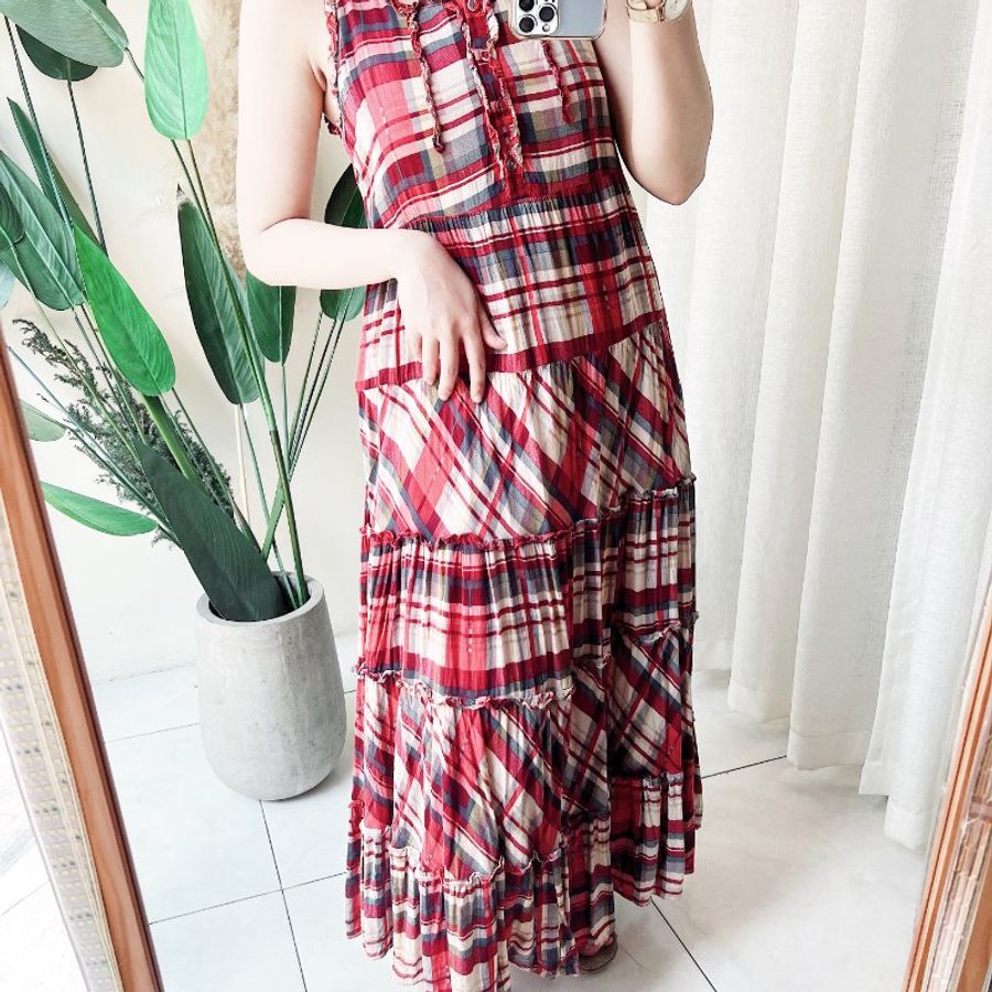 純紅格紋滾邊純棉蛋糕裙 古著洋裝連衣裙連身裙 vintage dress-8