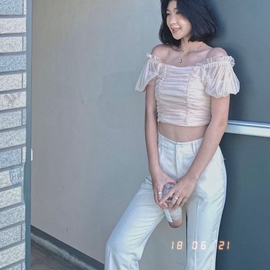 H&M 粉紗泡泡袖上衣(可拉一字領)-0