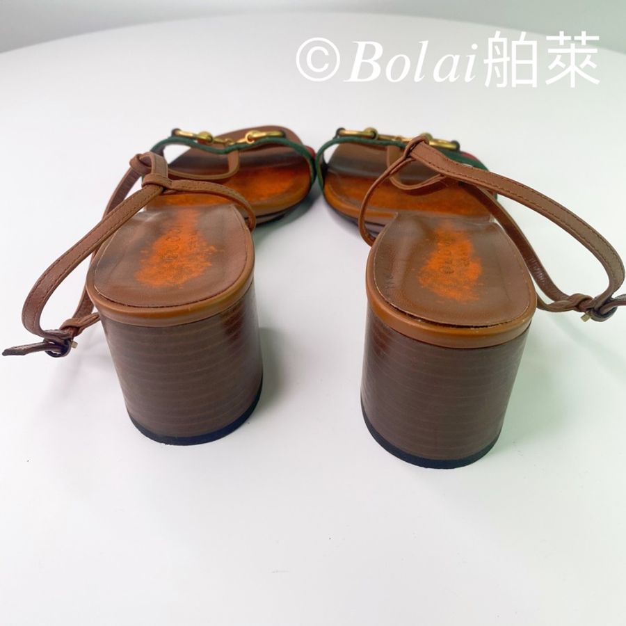 二手復古Gucci 紅綠撞色馬銜釦踝帶露趾低跟涼鞋-4
