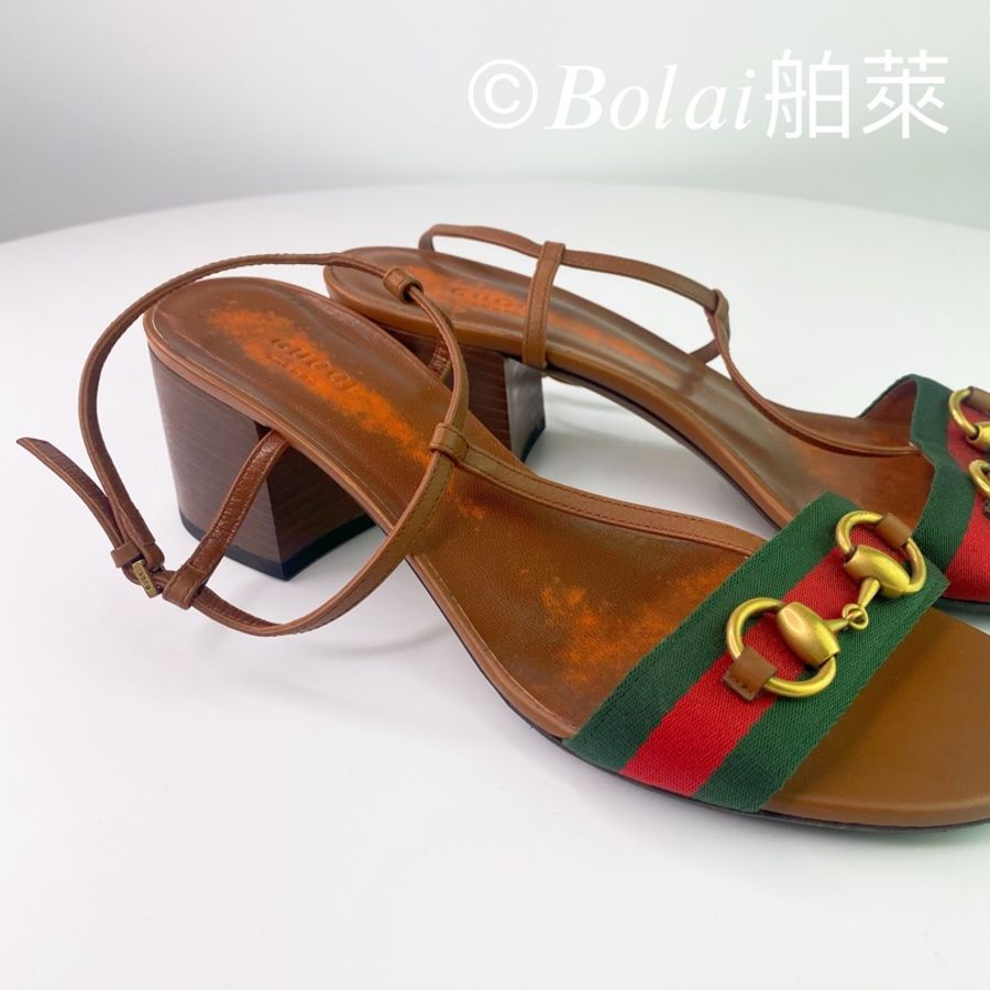 二手復古Gucci 紅綠撞色馬銜釦踝帶露趾低跟涼鞋-5