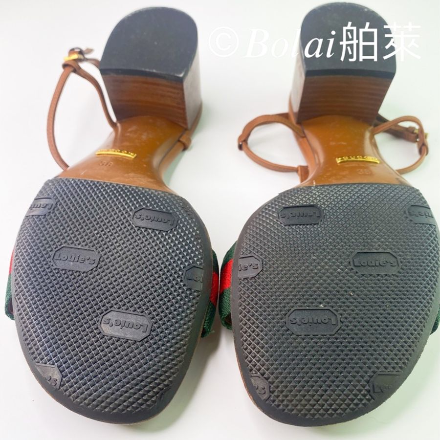 二手復古Gucci 紅綠撞色馬銜釦踝帶露趾低跟涼鞋-6