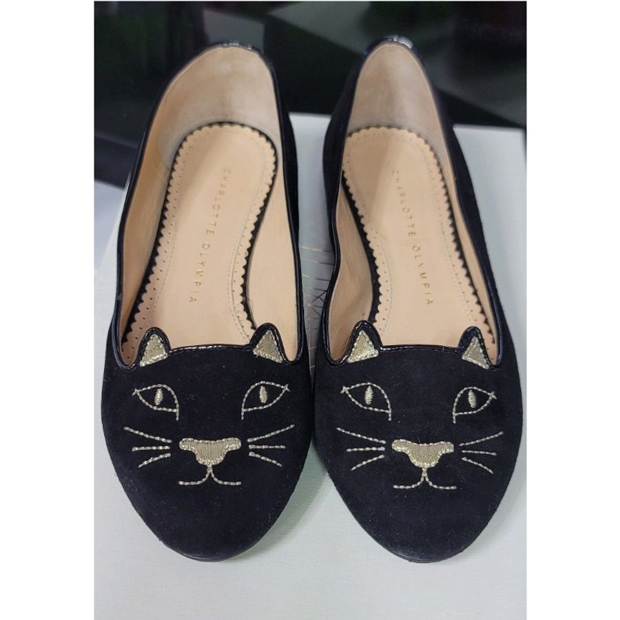 Charlotte Olympia Kitty 經典皇牌天鵝絨貓咪低跟平底鞋（黑色,35.5碼）-0