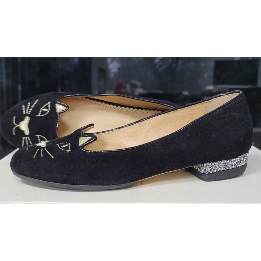 Charlotte Olympia Kitty 經典皇牌天鵝絨貓咪低跟平底鞋（黑色,35.5碼）-1