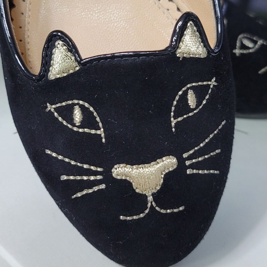 Charlotte Olympia Kitty 經典皇牌天鵝絨貓咪低跟平底鞋（黑色,35.5碼）-7