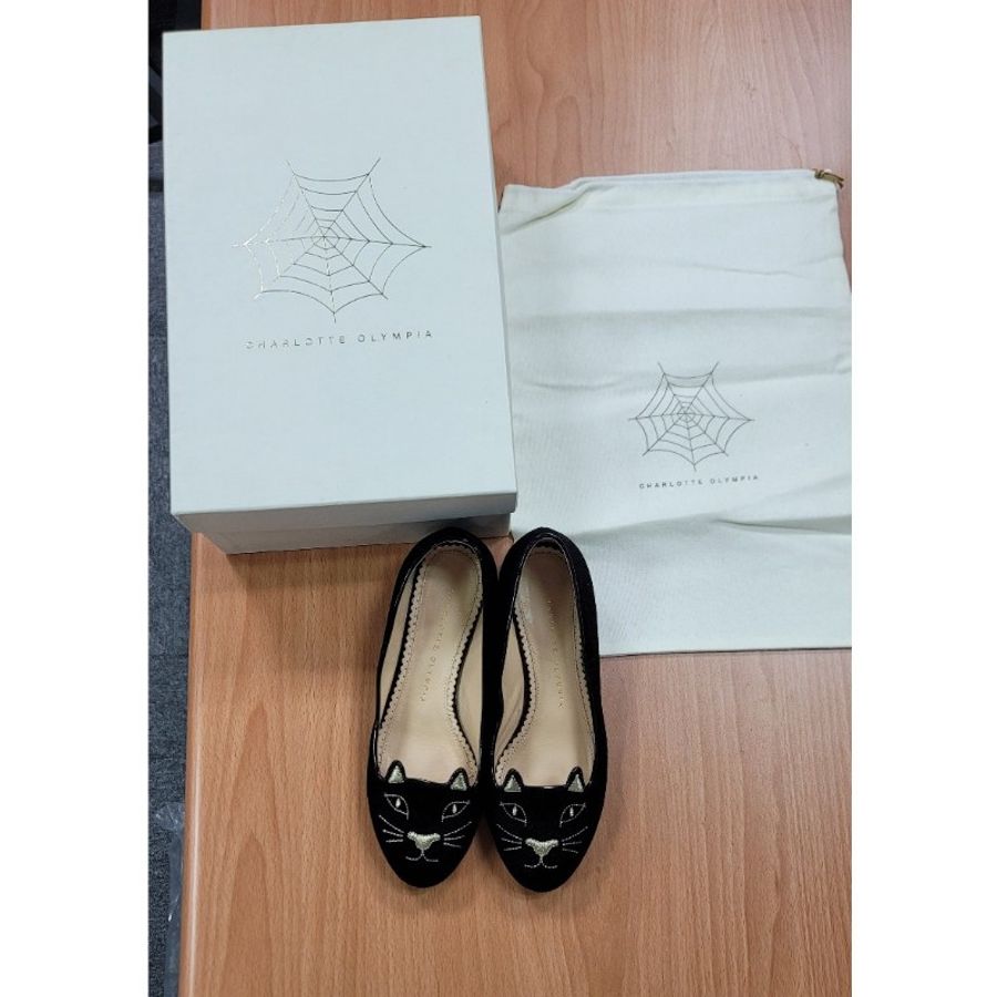 Charlotte Olympia Kitty 經典皇牌天鵝絨貓咪低跟平底鞋（黑色,35.5碼）-9