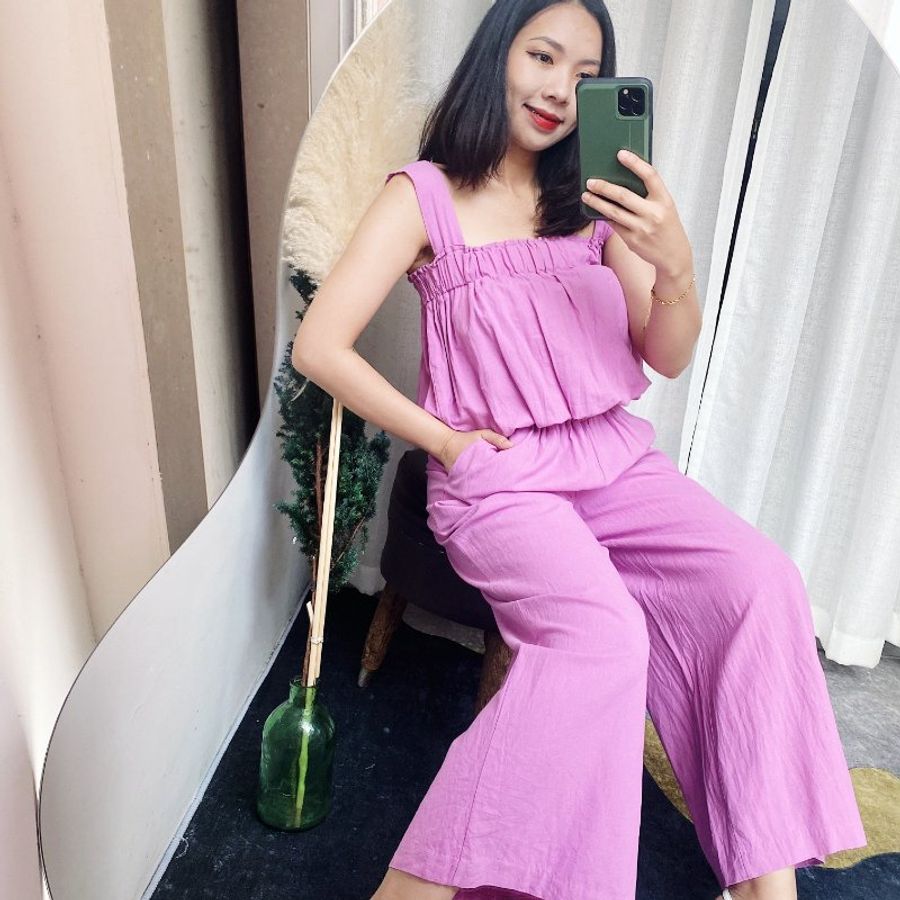 桃粉紫簡約平口吊帶素面休閒時光 棉麻連身褲吊帶褲 overalls-1