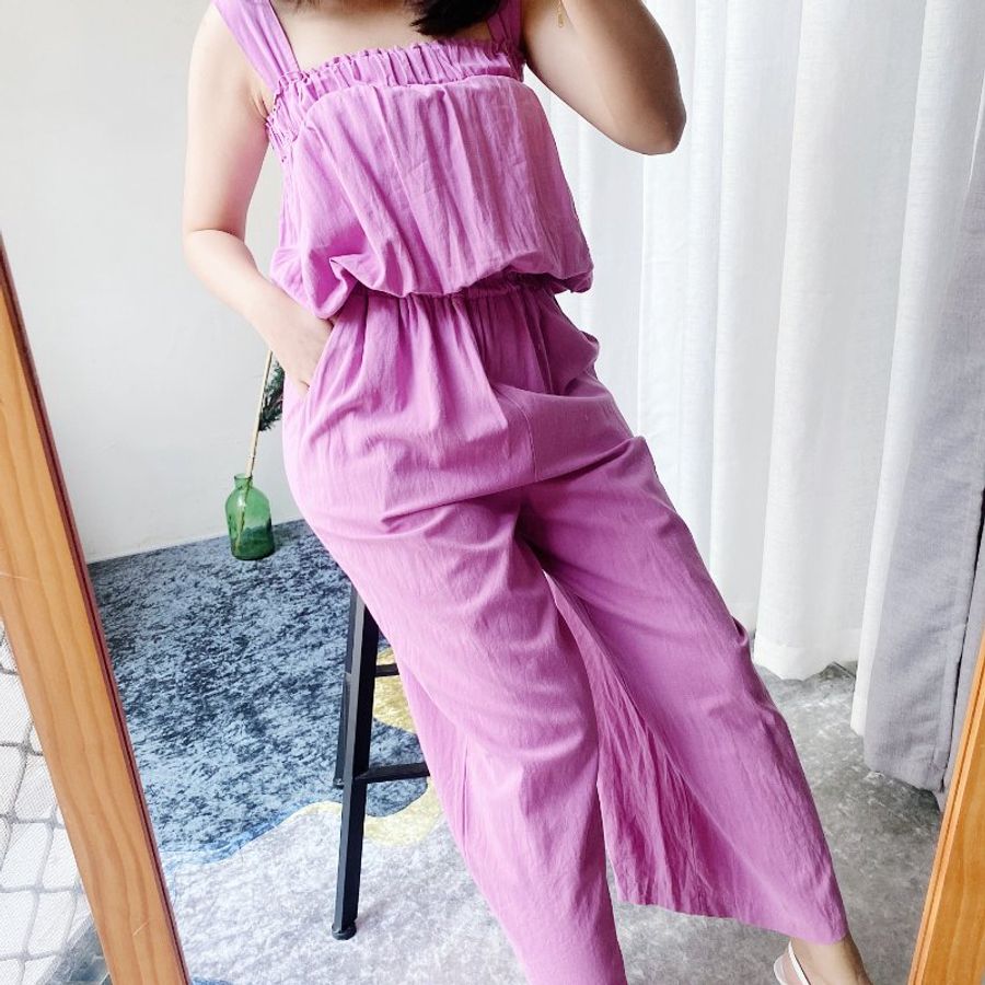 桃粉紫簡約平口吊帶素面休閒時光 棉麻連身褲吊帶褲 overalls-2
