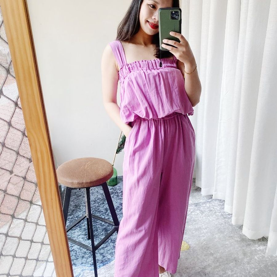 桃粉紫簡約平口吊帶素面休閒時光 棉麻連身褲吊帶褲 overalls-4