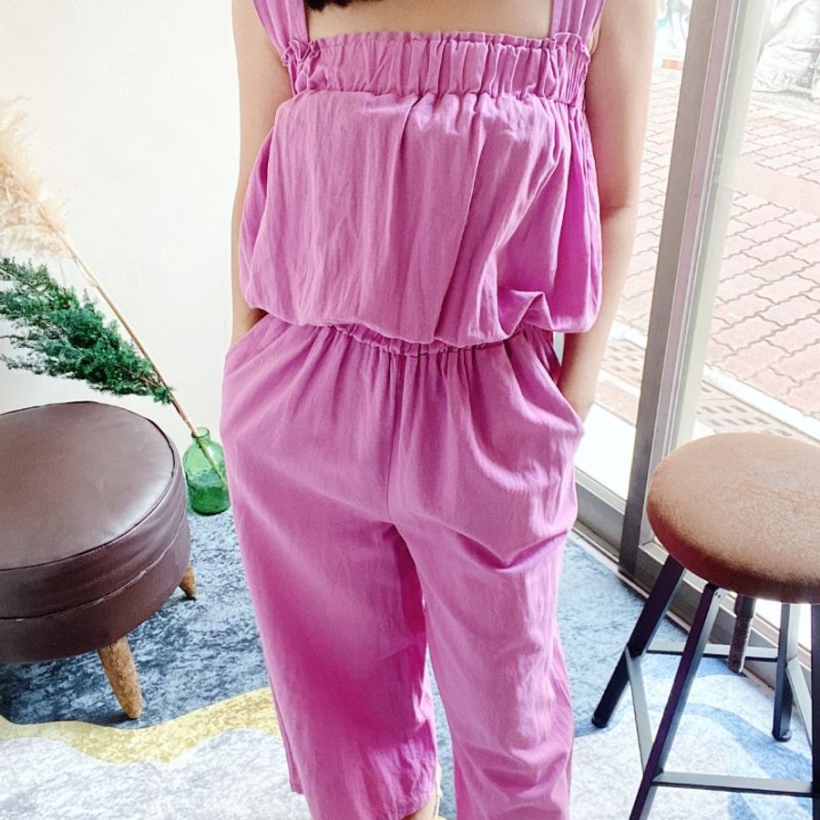 桃粉紫簡約平口吊帶素面休閒時光 棉麻連身褲吊帶褲 overalls-5
