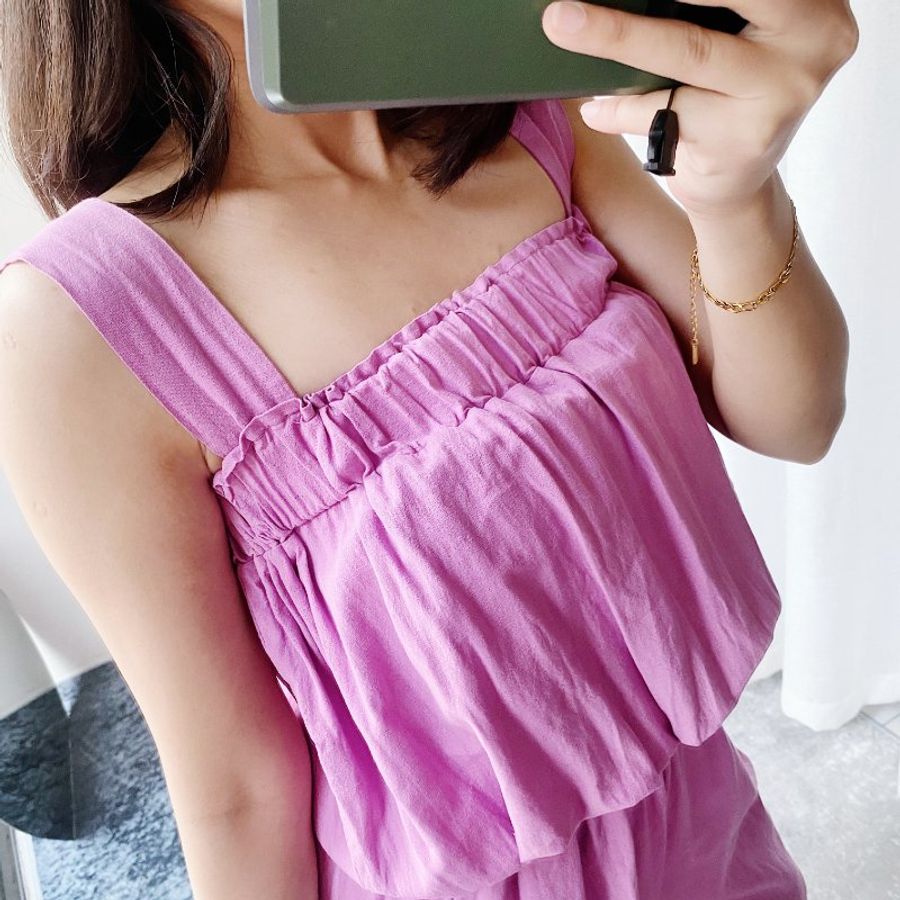 桃粉紫簡約平口吊帶素面休閒時光 棉麻連身褲吊帶褲 overalls-6