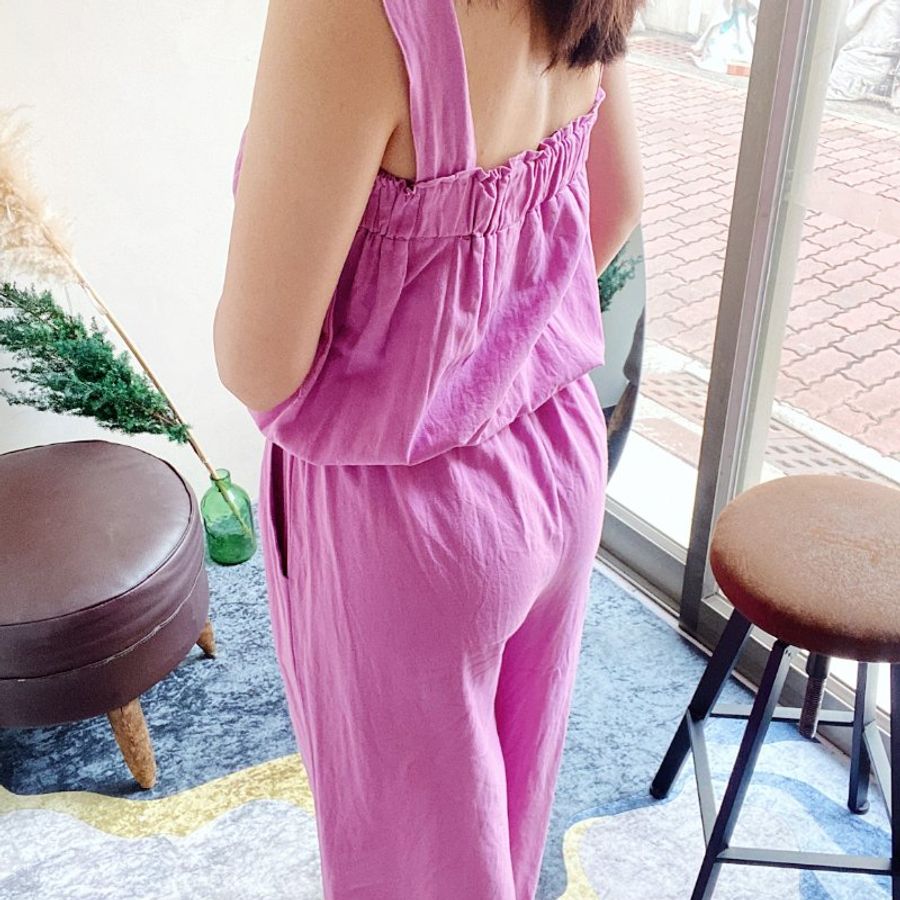 桃粉紫簡約平口吊帶素面休閒時光 棉麻連身褲吊帶褲 overalls-8