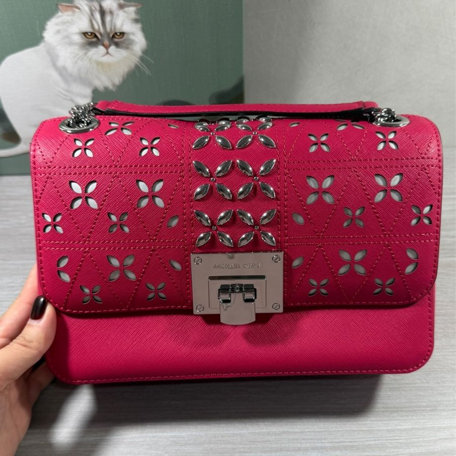 MICHAEL KORS TINA 花朵翻蓋鍊帶肩背/斜背包(中/覆盆莓粉)-1