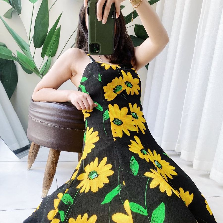 向日葵細肩夏季豔陽戀愛少女 紡紗連身裙洋裝A字裙擺長裙 dress-0