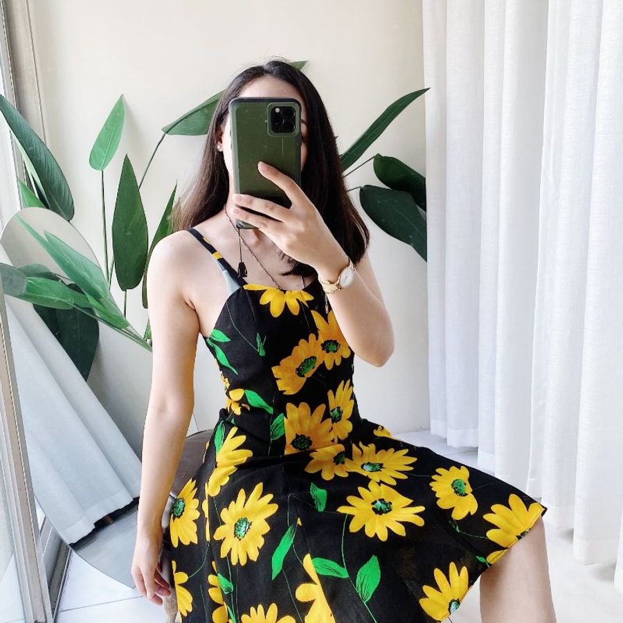向日葵細肩夏季豔陽戀愛少女 紡紗連身裙洋裝A字裙擺長裙 dress-1