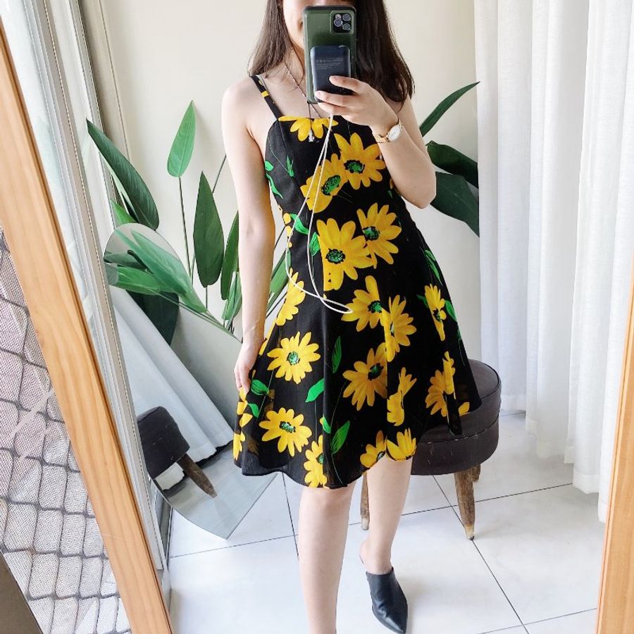 向日葵細肩夏季豔陽戀愛少女 紡紗連身裙洋裝A字裙擺長裙 dress-2