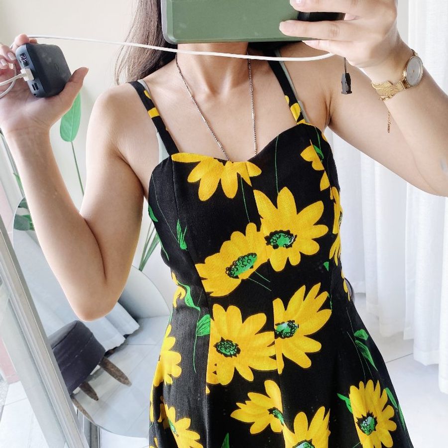向日葵細肩夏季豔陽戀愛少女 紡紗連身裙洋裝A字裙擺長裙 dress-3