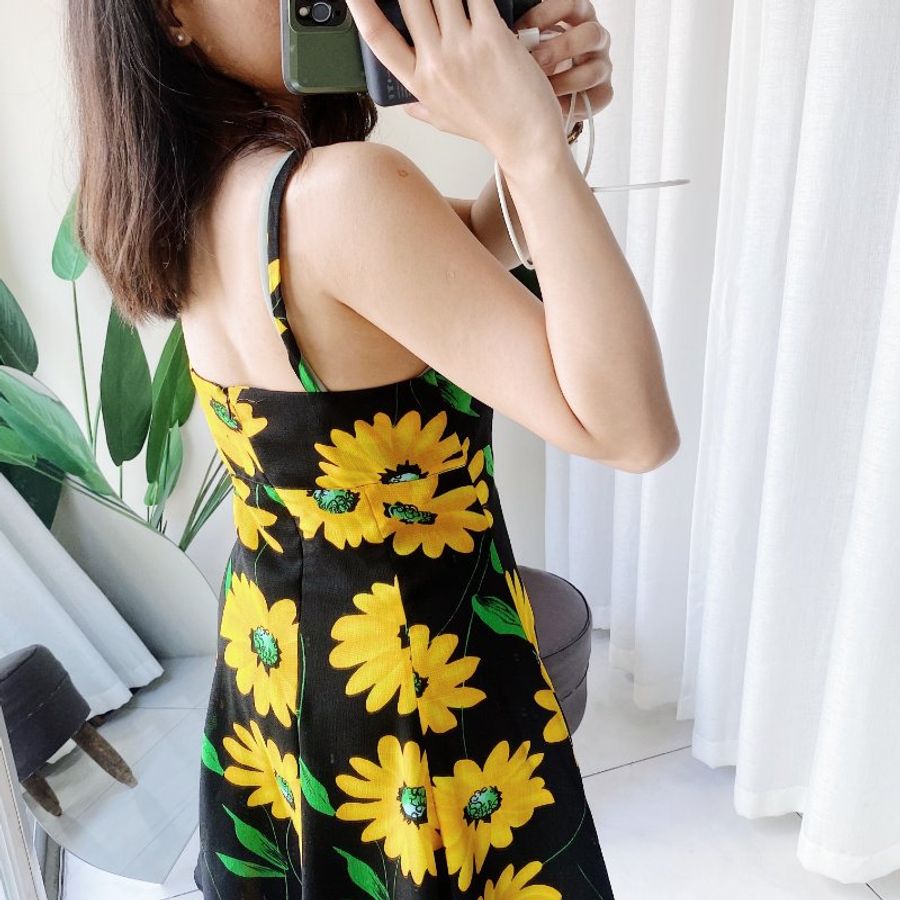 向日葵細肩夏季豔陽戀愛少女 紡紗連身裙洋裝A字裙擺長裙 dress-4
