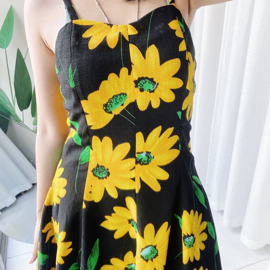 向日葵細肩夏季豔陽戀愛少女 紡紗連身裙洋裝A字裙擺長裙 dress-5